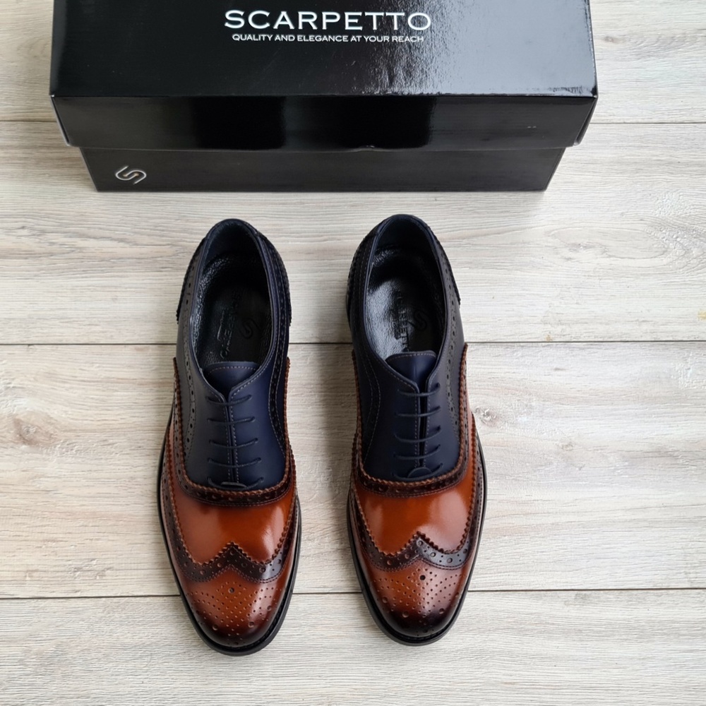 Brown-Navy Wingtip Genuine Leather Oxford Men's Dress Shoes - Picture 2 of 6